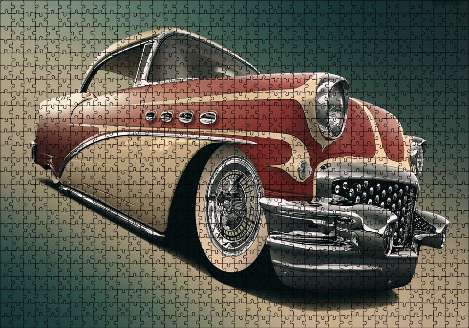 1956 Buick Special Kırmızı Beyaz Puzzle Yapboz MDF Ahşap 1000 Parça 49 cm X 68 cm