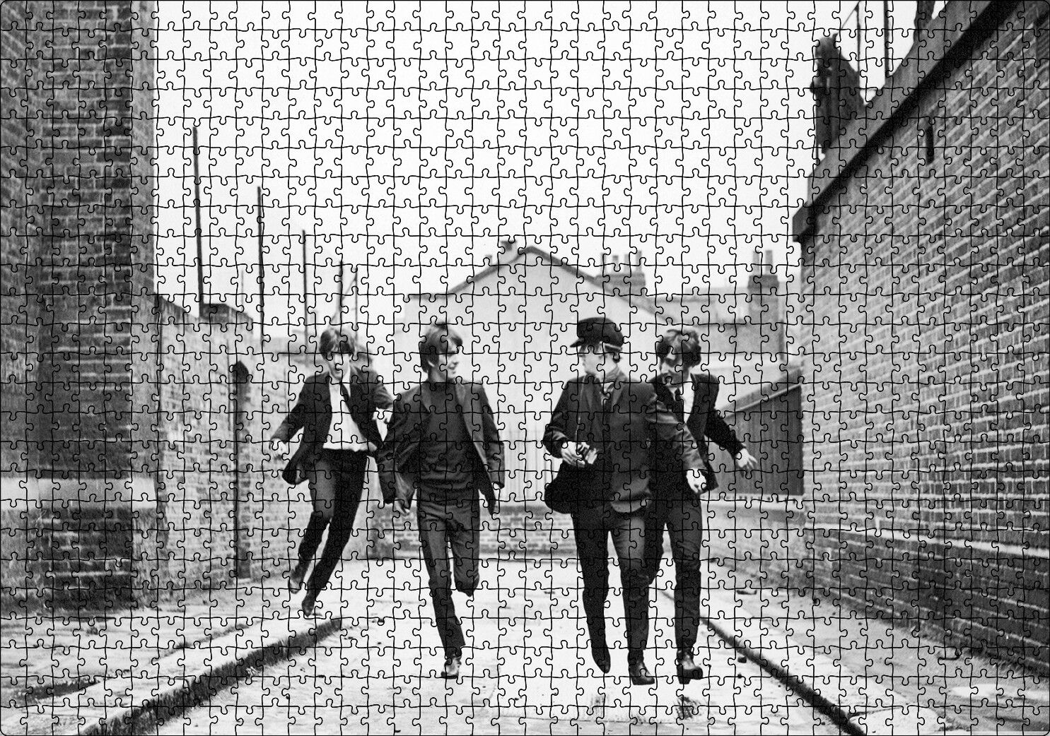 Beatles Grup Üyeleri Koşuyor Siyah Beyaz Puzzle Yapboz MDF Ahşap 1000 Parça 49 cm X 68 cm