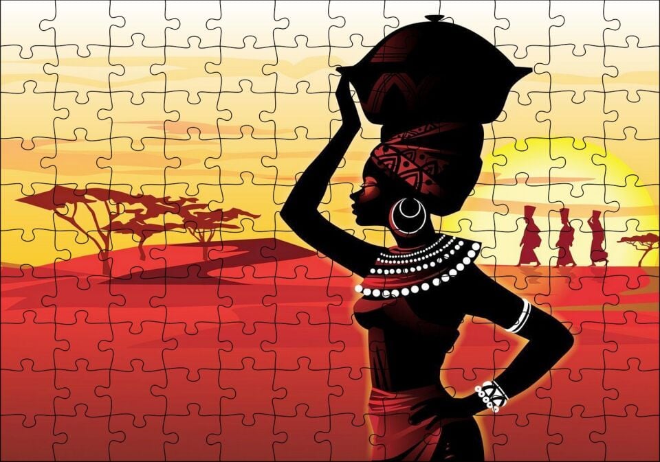 Su Taşıyan Afrikalı Kadın Günbatımı Arka Plan Puzzle Yapboz MDF Ahşap