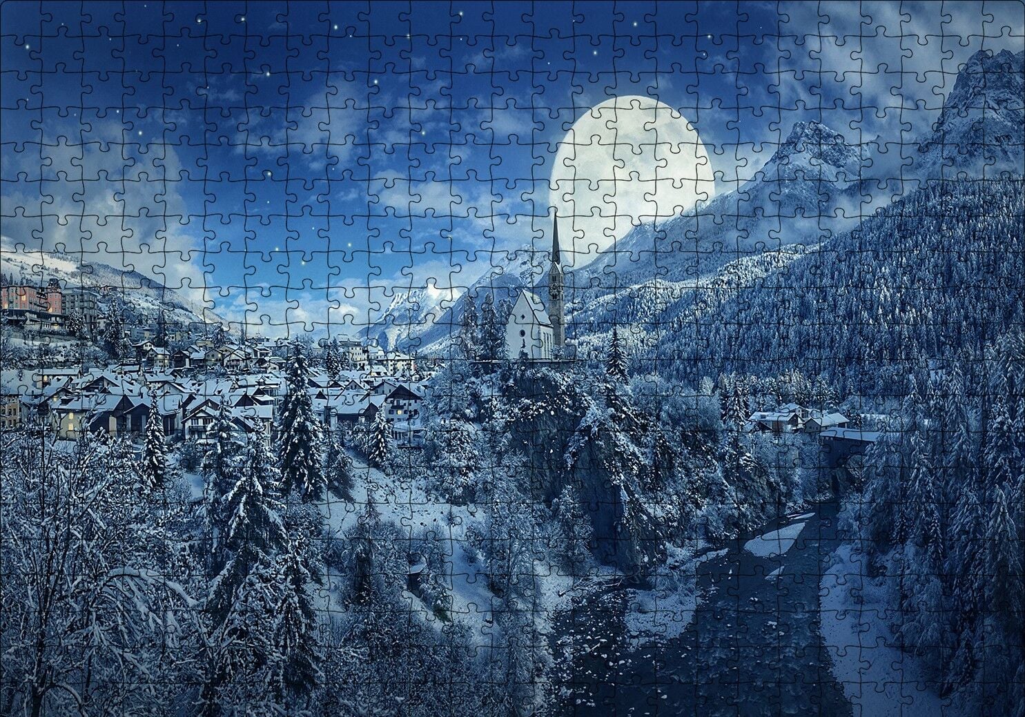 Süper Dolunay ve Karla Kaplı Kasaba Puzzle Yapboz MDF Ahşap 500 Parça 49 cm X 68 cm