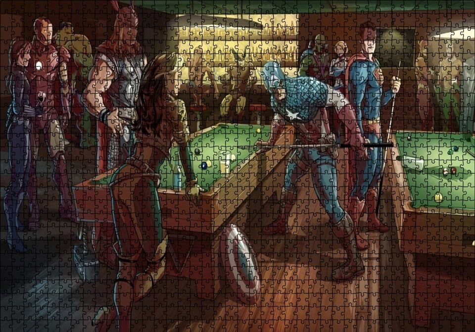 Süper Kahramanlar Bilardo Salonunda Puzzle Yapboz MDF Ahşap 1000 Parça 49 cm X 68 cm