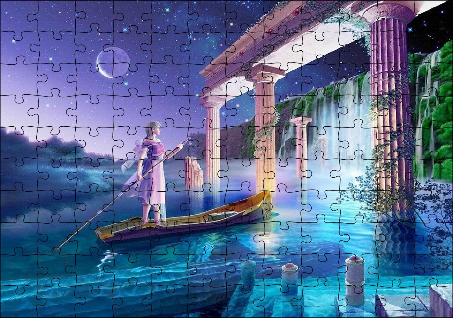 Sularla Kaplı Antik Sütunlar Sandal ve Kız Puzzle Yapboz MDF Ahşap