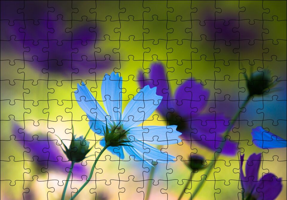 Mavi ve Mor Çiçekler Puzzle Yapboz MDF Ahşap