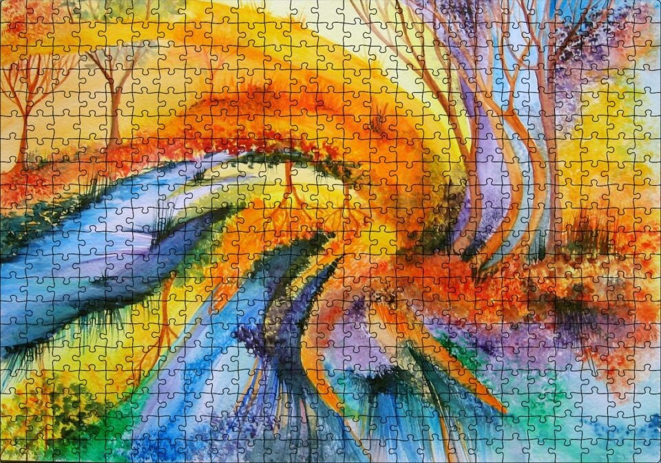 Soyut Sanat Ağaç Nehir Turuncu Mavi Görsel Puzzle Yapboz MDF Ahşap 500 Parça 49 cm X 68 cm