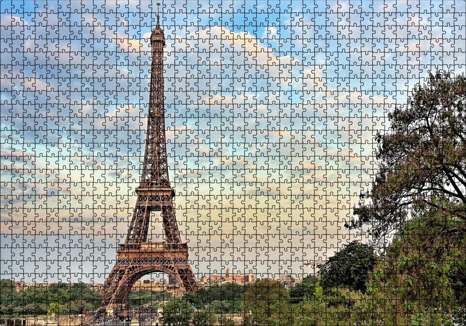 Eyfel Kulesi Paris Uzak Manzara Puzzle Yapboz MDF Ahşap 1000 Parça 49 cm X 68 cm