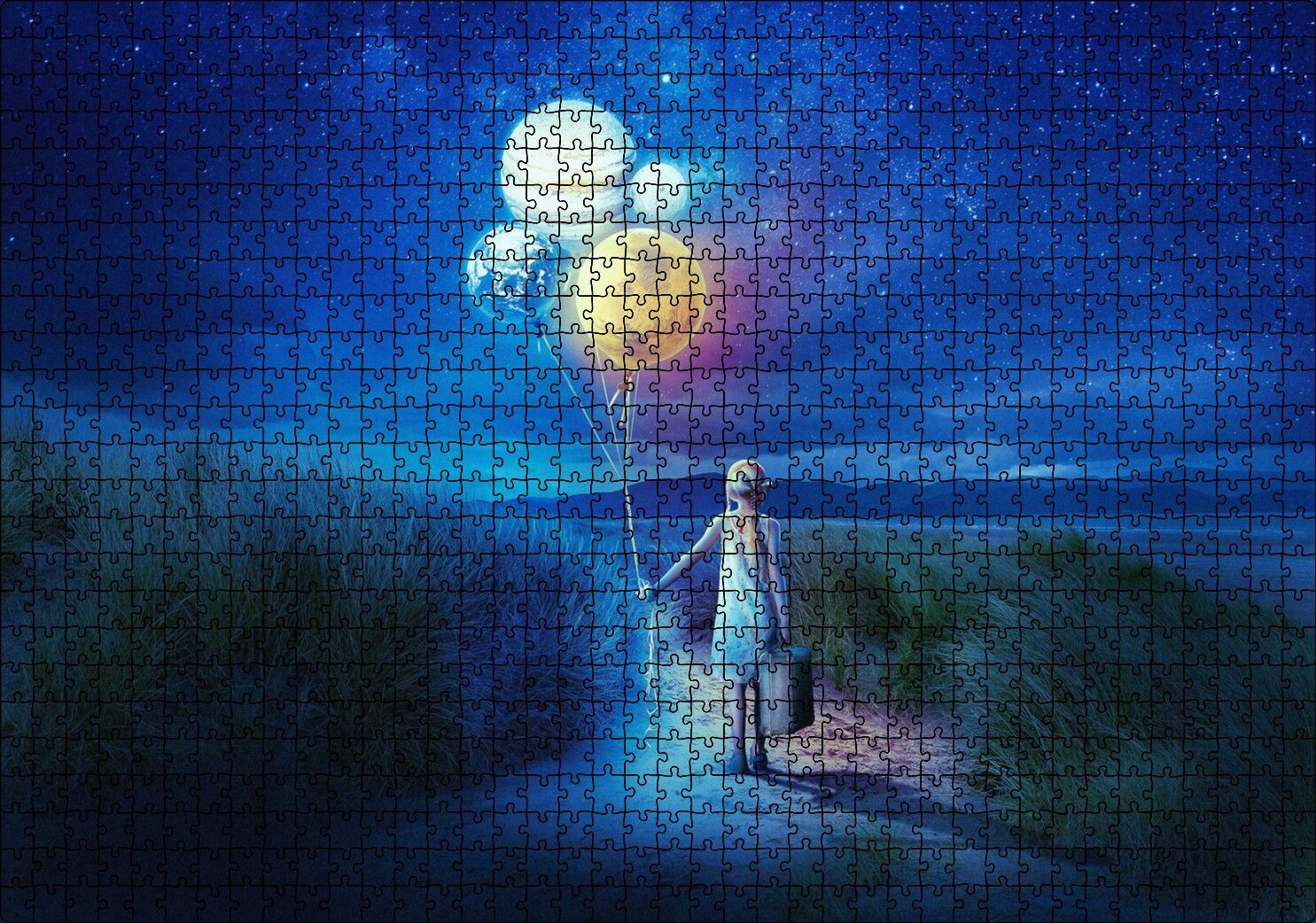 Bir Elinde Valiz Diğerinde Dünyalar Puzzle Yapboz MDF Ahşap 1000 Parça 49 cm X 68 cm