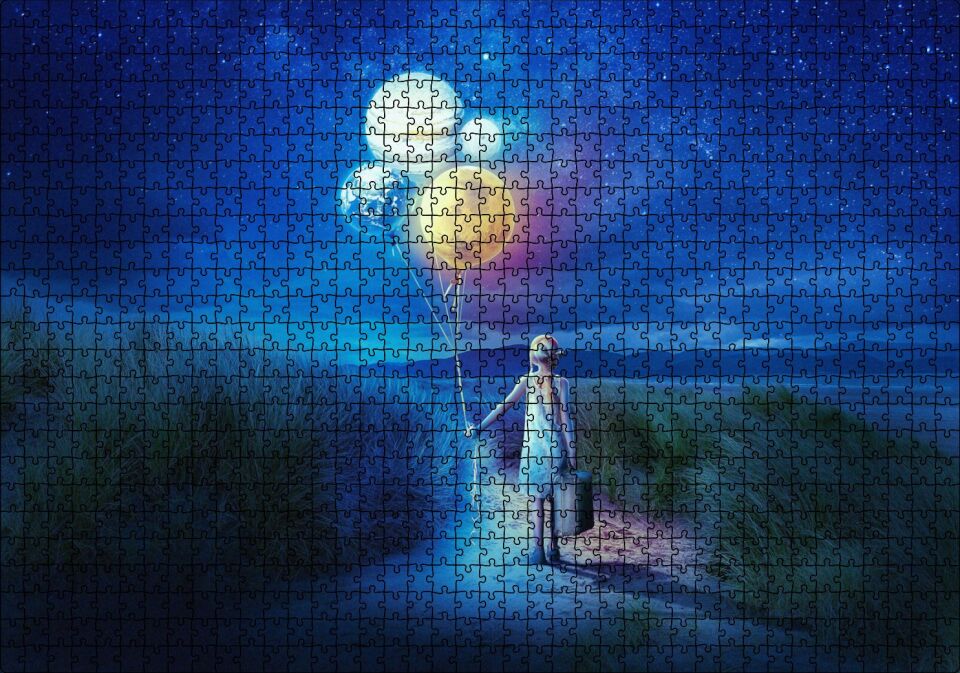 Bir Elinde Valiz Diğerinde Dünyalar Puzzle Yapboz MDF Ahşap 1000 Parça 49 cm X 68 cm