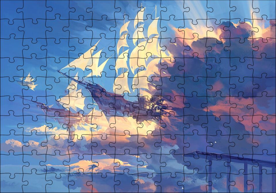 Bulutlar ve Fantastik Yelkenliler Puzzle Yapboz MDF Ahşap 120 Parça 24 cm X 34 cm