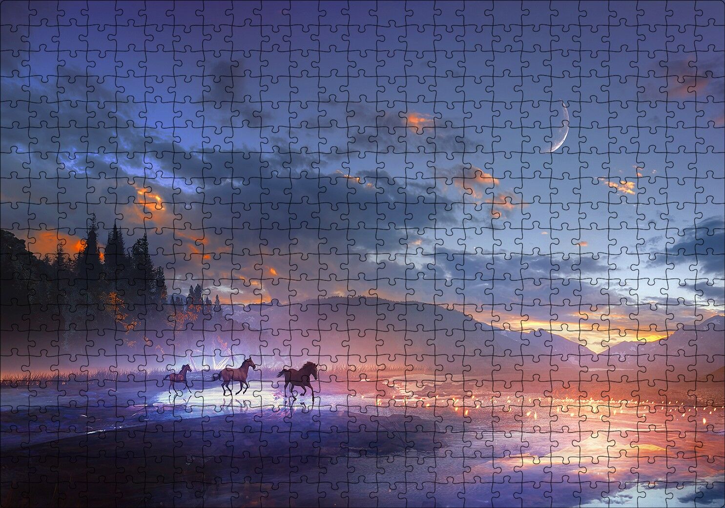 Mor Bulutlu Gökler ve Göl Kıyısında Koşan Atlar Puzzle Yapboz MDF Ahşap 500 Parça 49 cm X 68 cm