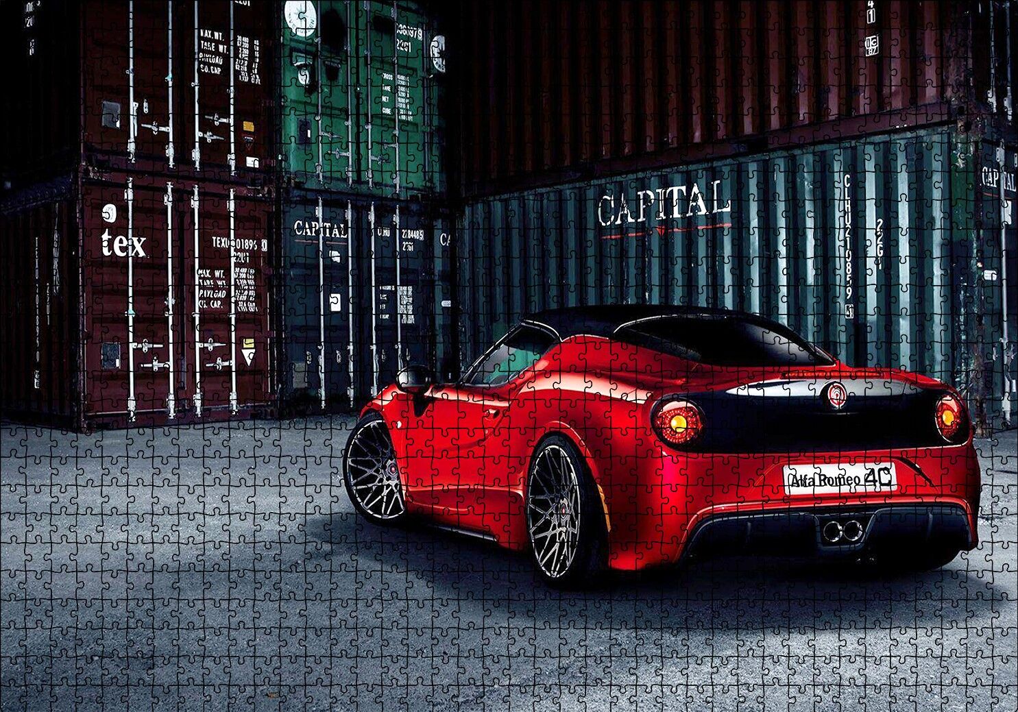 Arkadan Görünüş Alfa Romeo 4C ve Konteynerler Puzzle Yapboz MDF Ahşap 1000 Parça 49 cm X 68 cm