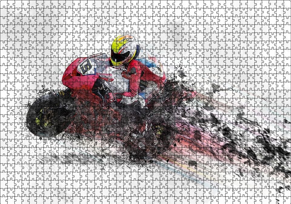 Kırmızı Yarış Motoru Dijital Çizim Puzzle Yapboz MDF Ahşap 1000 Parça 49 cm X 68 cm