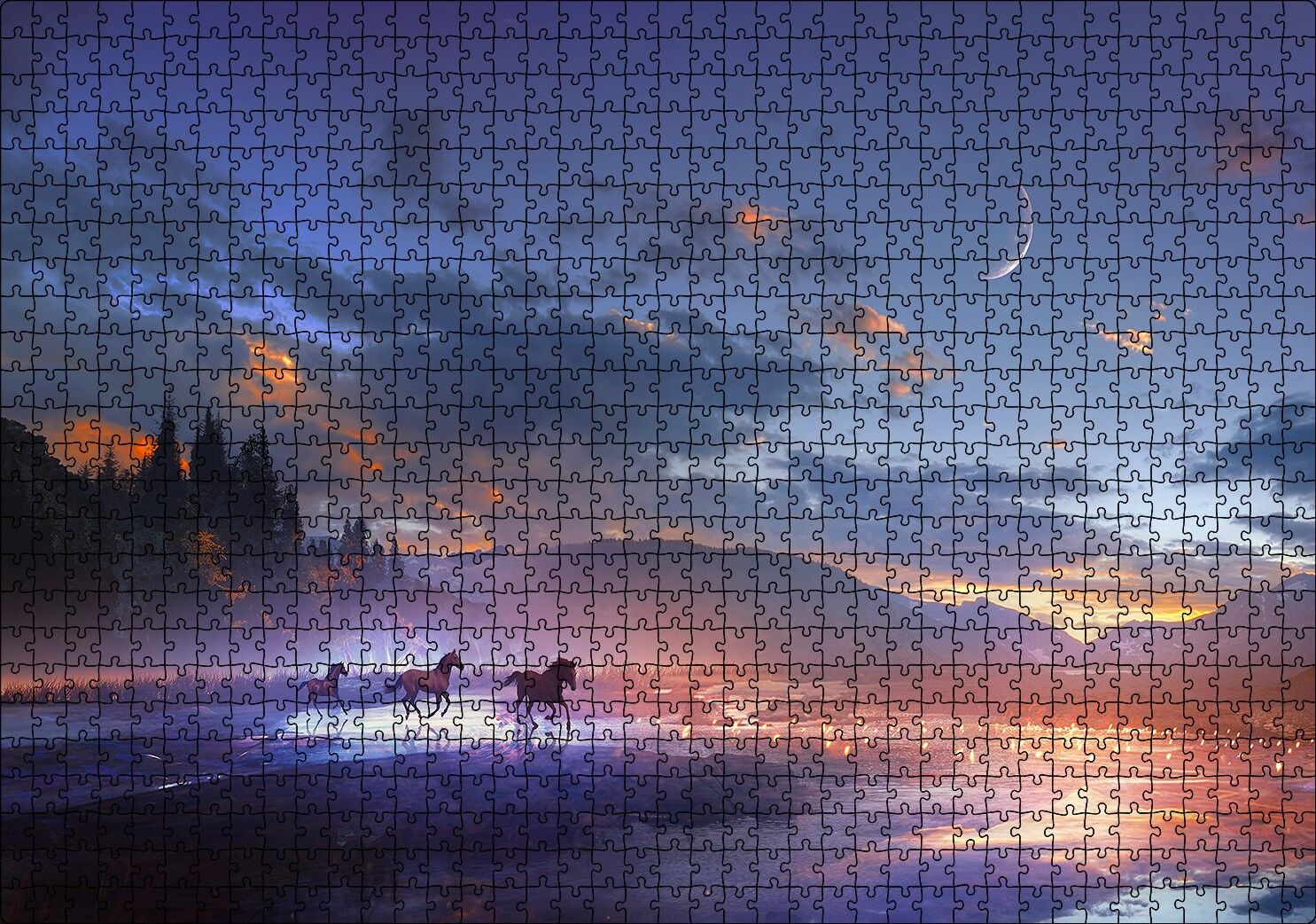Mor Bulutlu Gökler ve Göl Kıyısında Koşan Atlar Puzzle Yapboz MDF Ahşap 1000 Parça 49 cm X 68 cm