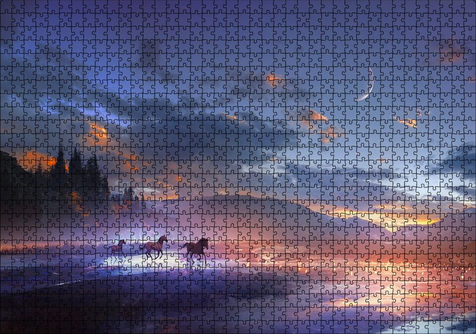Mor Bulutlu Gökler ve Göl Kıyısında Koşan Atlar Puzzle Yapboz MDF Ahşap 1000 Parça 49 cm X 68 cm