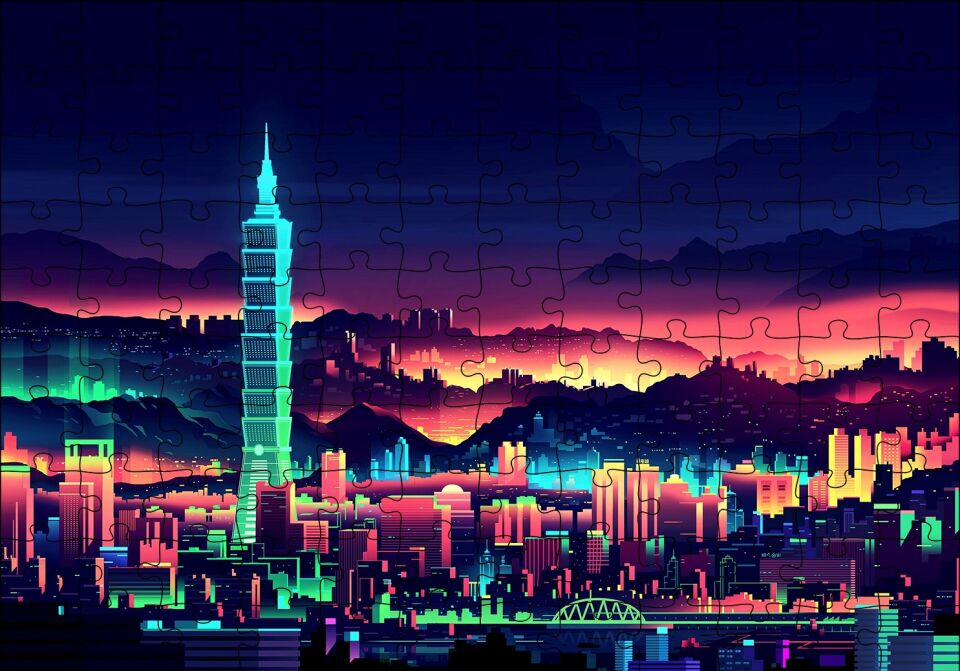 Tayvan Taipei Gece Manzarası Artwork Puzzle Yapboz MDF Ahşap 120 Parça 24 cm X 34 cm