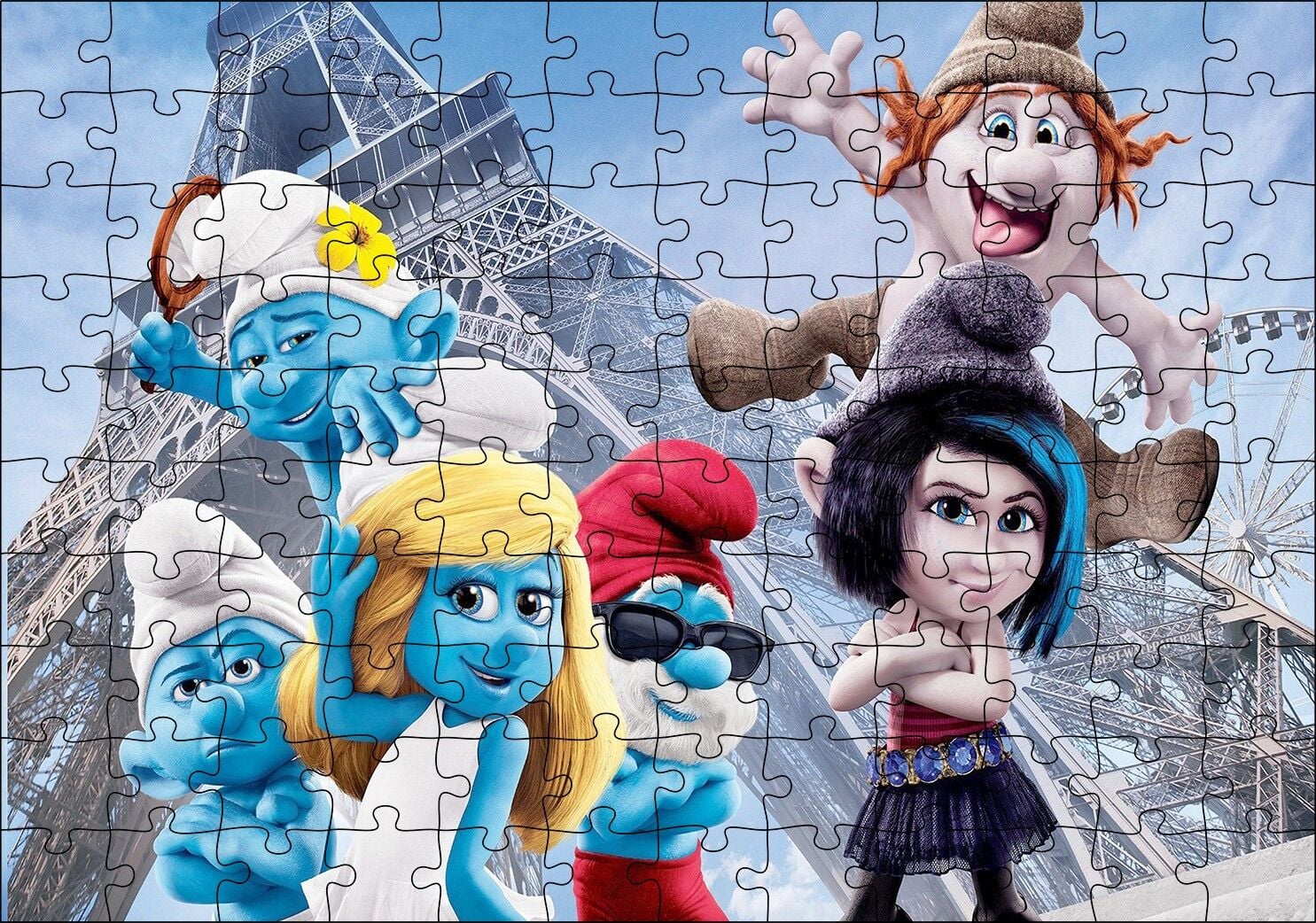 Eyfel Kulesi ve Şirinler Puzzle Yapboz MDF Ahşap 120 Parça 24 cm X 34 cm