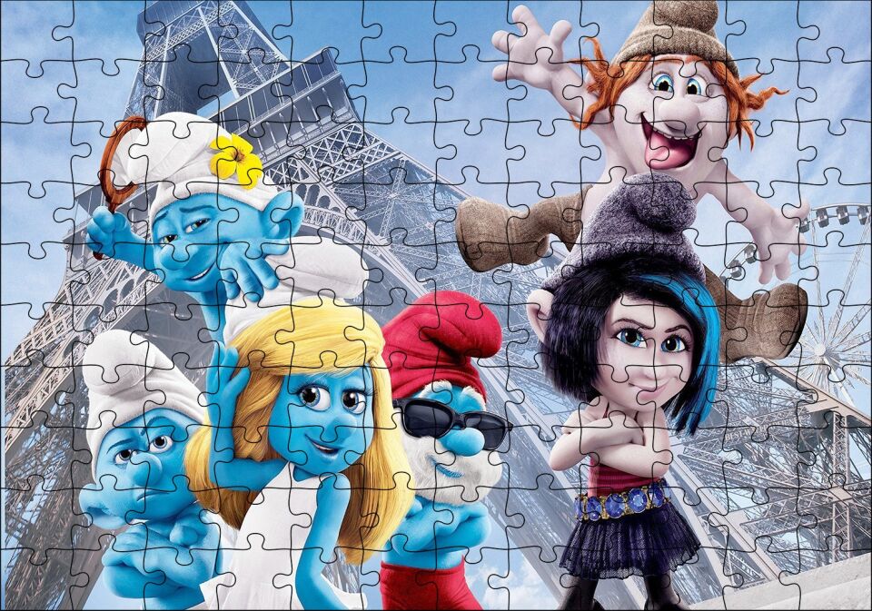Eyfel Kulesi ve Şirinler Puzzle Yapboz MDF Ahşap 120 Parça 24 cm X 34 cm