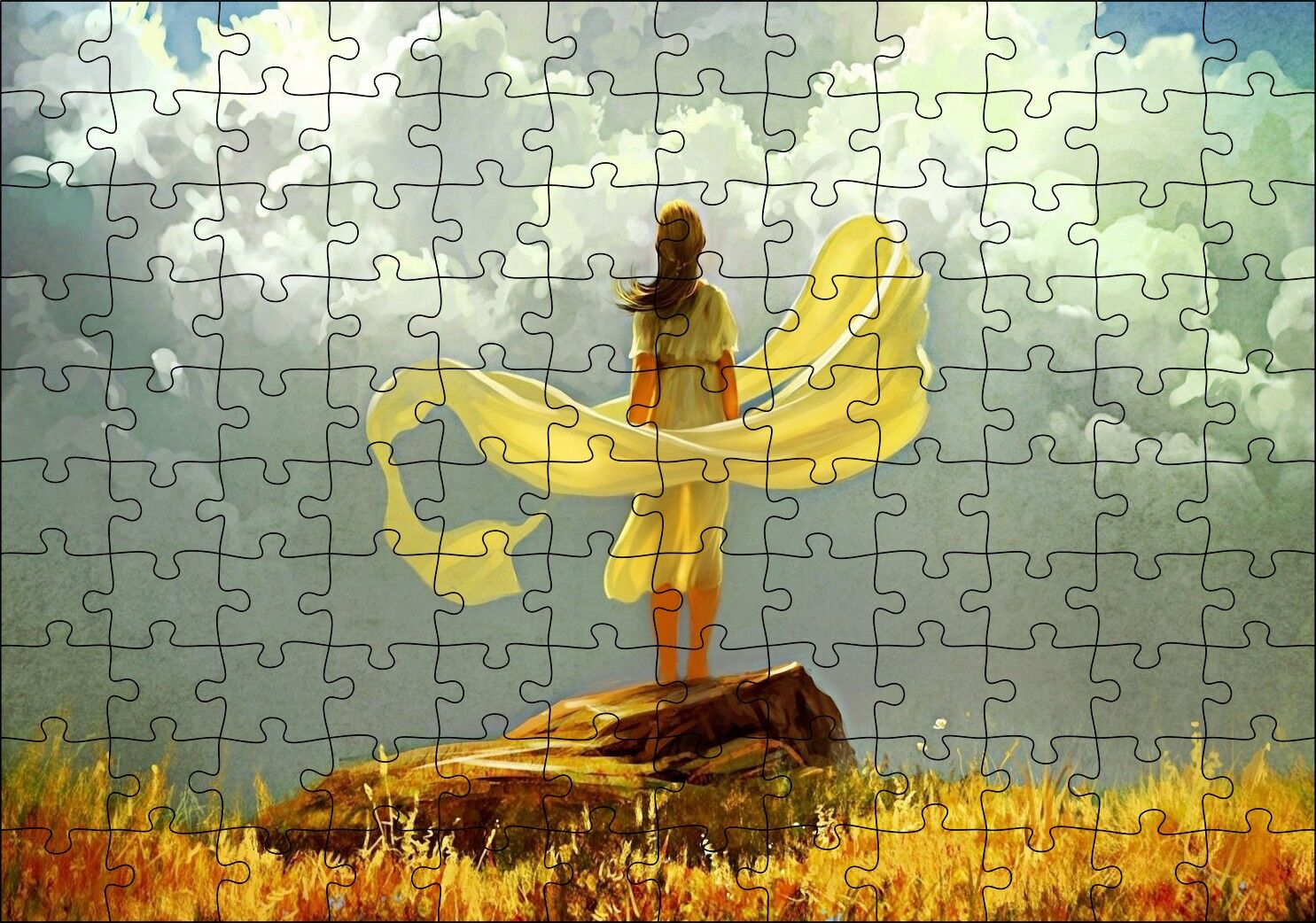 Bulutlu Gökler ve Sarı Elbiseli Kız Puzzle Yapboz MDF Ahşap 120 Parça 24 cm X 34 cm