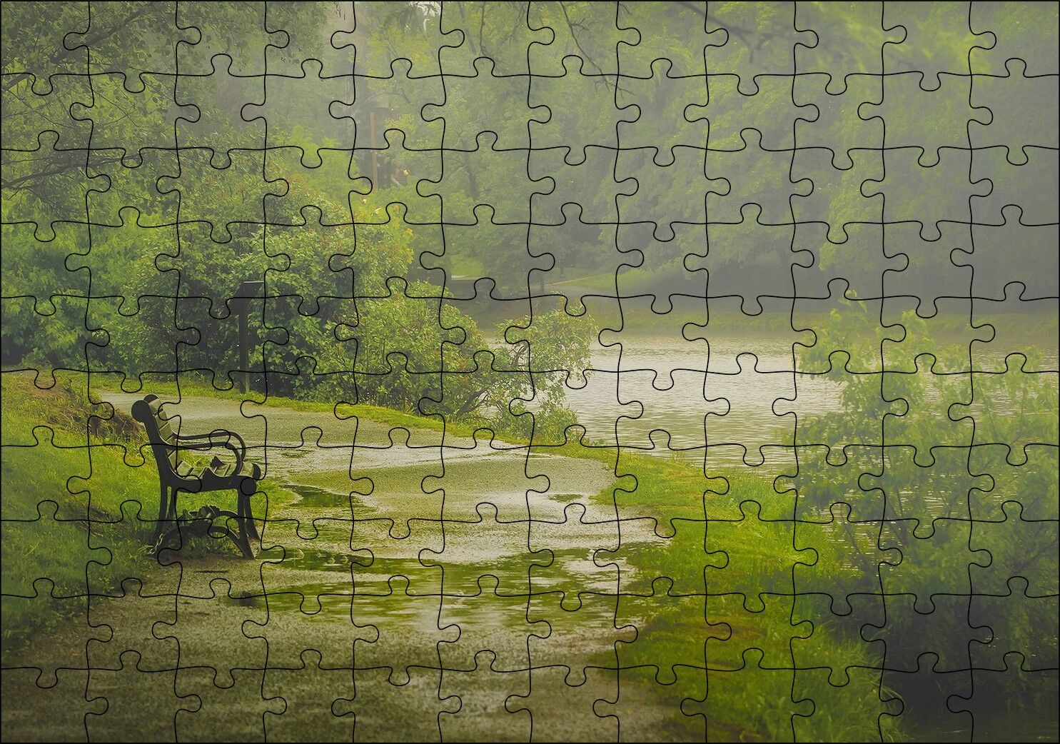Yağmurda Yemyeşil Orman ve Boş Bank Puzzle Yapboz MDF Ahşap