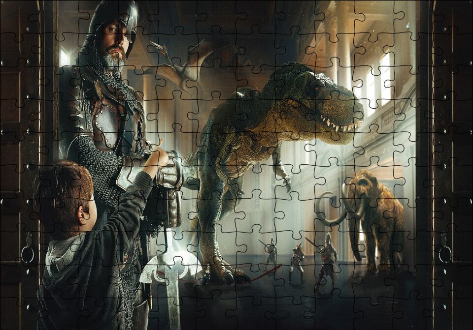 Müzede Bir Gece Çocuk Şövalye Dinozor ve Mamut Puzzle Yapboz MDF Ahşap