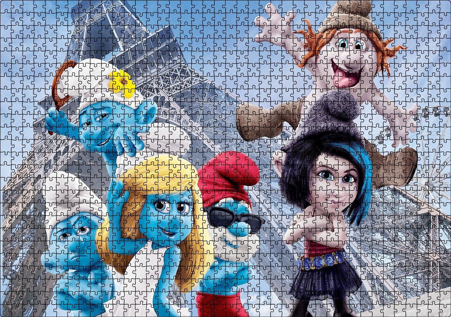 Eyfel Kulesi ve Şirinler Puzzle Yapboz MDF Ahşap 1000 Parça 49 cm X 68 cm