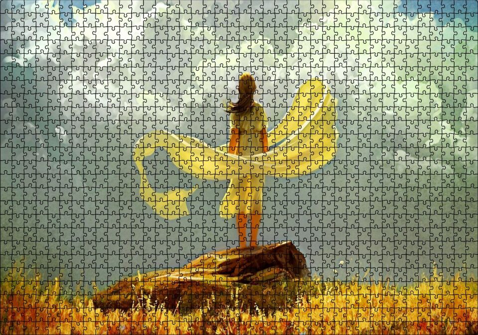 Bulutlu Gökler ve Sarı Elbiseli Kız Puzzle Yapboz MDF Ahşap 1000 Parça 49 cm X 68 cm