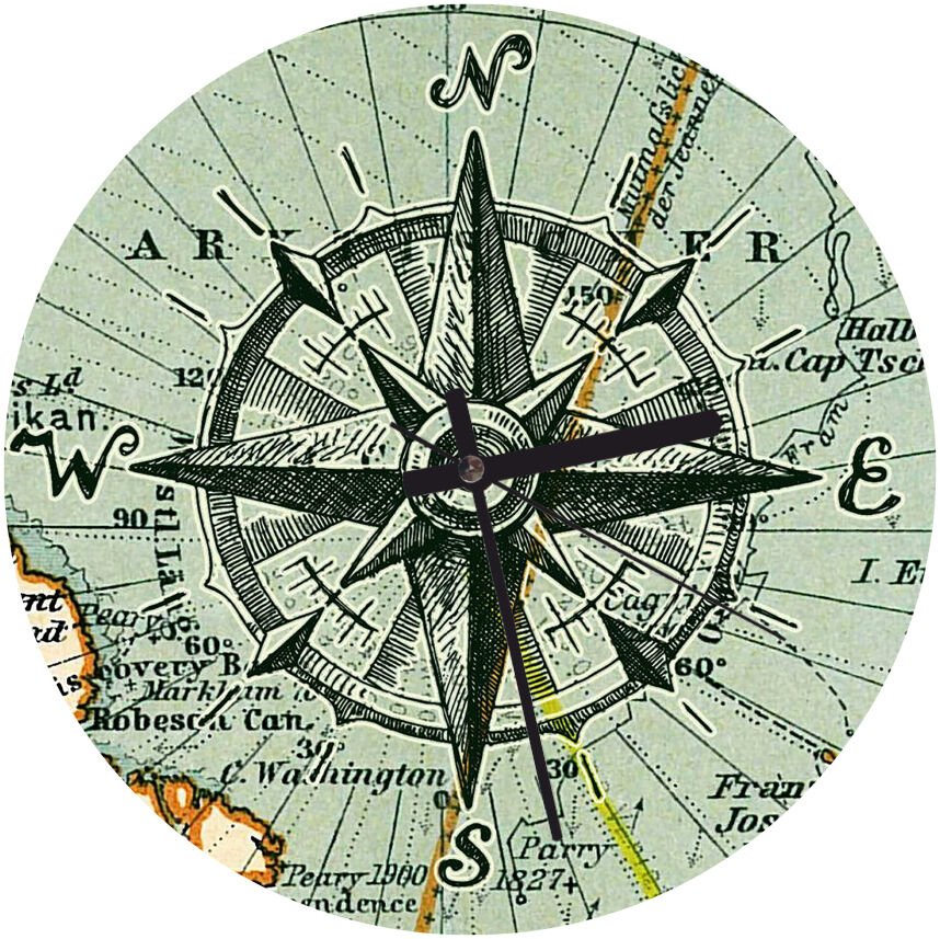 Harita Ortasında Pusula  Mdf Ahşap Duvar Saati