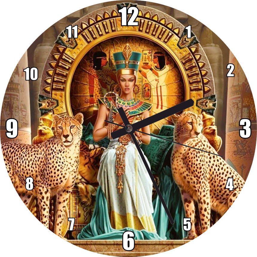 Antik Mısır'da Nefertiti ve Tahtın Yanında Çitalar Mdf Ahşap Duvar Saati 30 cm Çap