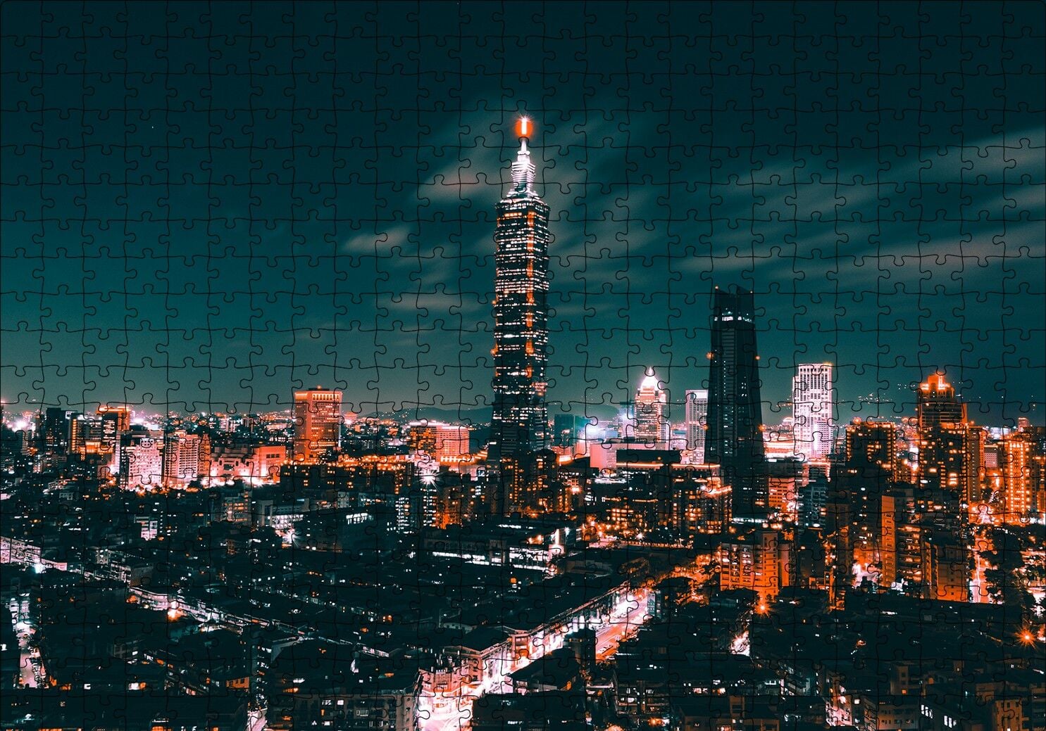 Tayvan Taipei Gece Şehir Manzarası Puzzle Yapboz MDF Ahşap 500 Parça 49 cm X 68 cm