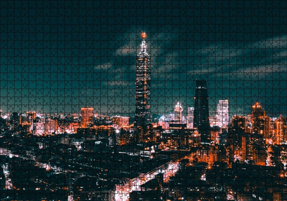 Tayvan Taipei Gece Şehir Manzarası Puzzle Yapboz MDF Ahşap 1000 Parça 49 cm X 68 cm