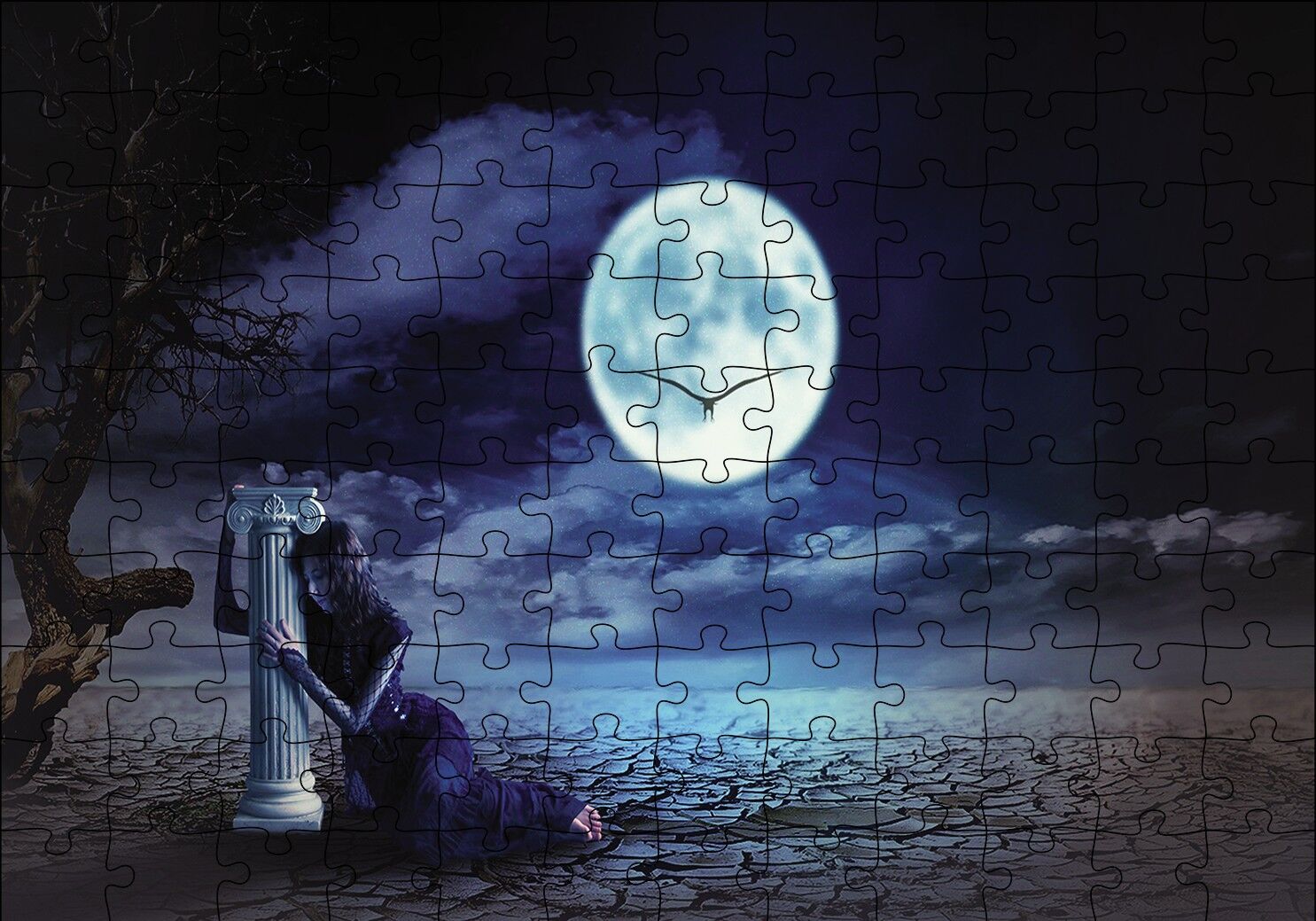 Gecede Üzgün Kadın Fantastik Puzzle Yapboz MDF Ahşap 120 Parça 24 cm X 34 cm