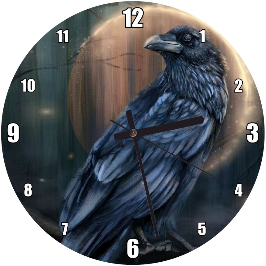 Karga ve Ay Tutulması Dijital Çizim  Mdf Ahşap Duvar Saati
