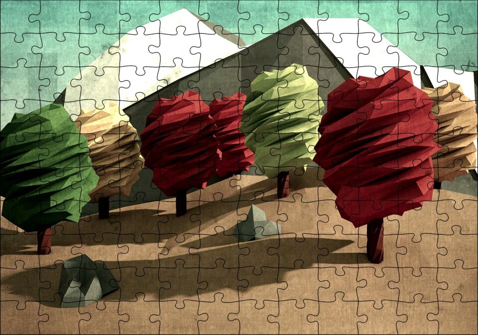 Poligonal Ağaçlar Ve Dağlar Puzzle Yapboz MDF Ahşap