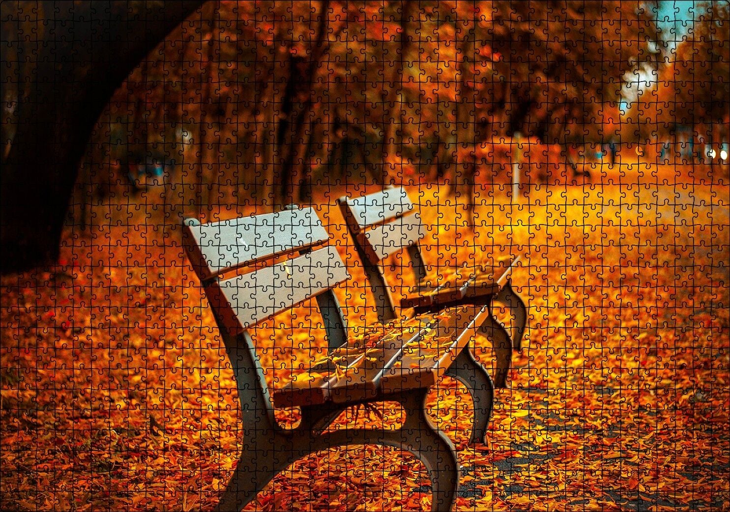 Kızıl Sonbahar Yaprakları ve Boş Banklar Puzzle Yapboz MDF Ahşap 1000 Parça 49 cm X 68 cm
