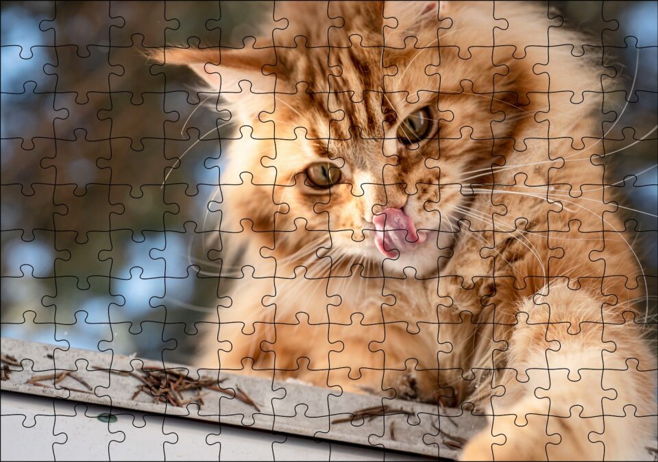 Yalanan Sarı Sevimli Kedi Puzzle Yapboz MDF Ahşap 120 Parça 24 cm X 34 cm
