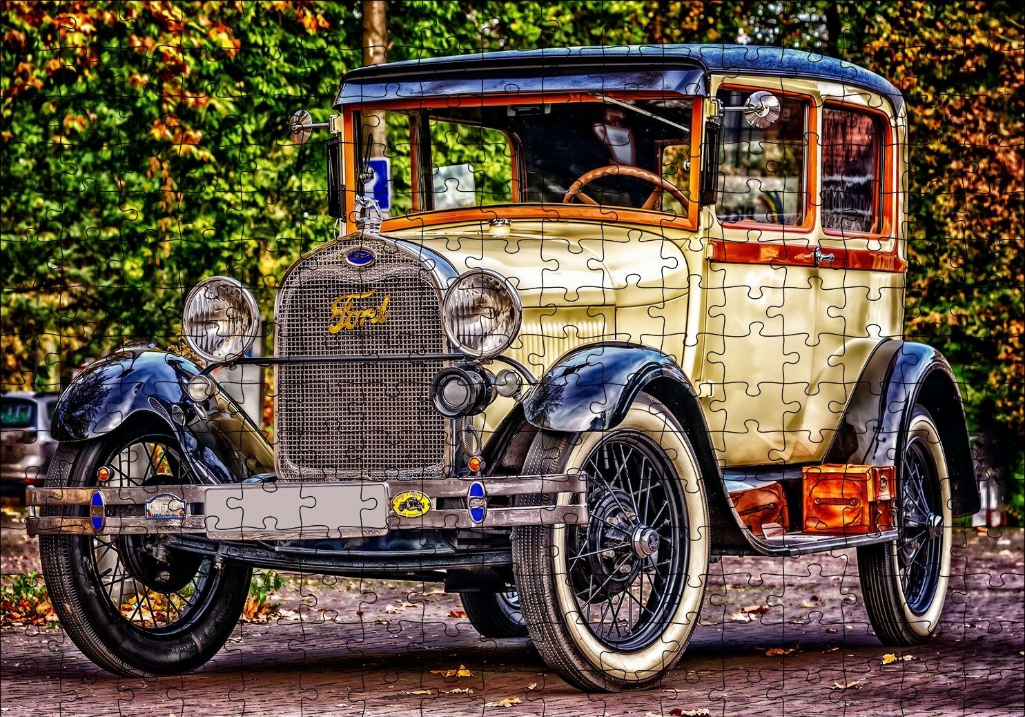 Krem Antika Ford Araba Puzzle Yapboz MDF Ahşap 255 Parça 34 cm X 49 cm