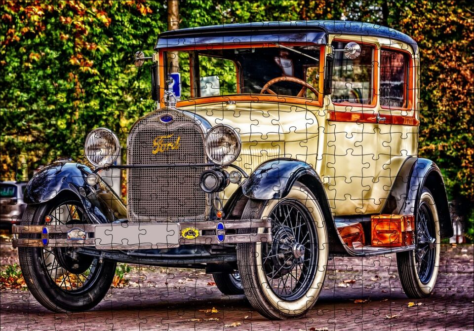 Krem Antika Ford Araba Puzzle Yapboz MDF Ahşap 255 Parça 34 cm X 49 cm