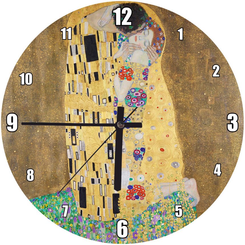 Gustav Klimt Öpücük Tablosu Mdf Ahşap Duvar Saati 30 cm Çap