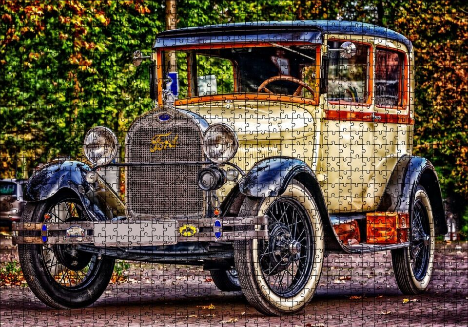 Krem Antika Ford Araba Puzzle Yapboz MDF Ahşap 1000 Parça 49 cm X 68 cm