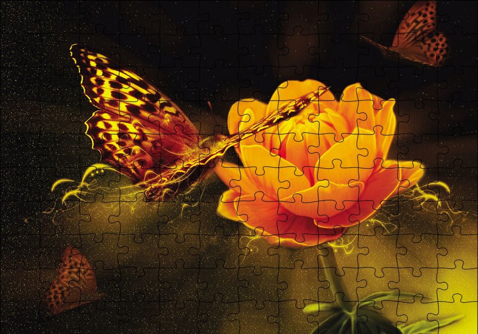 Işık Sarı Çiçek Kelebek Puzzle Yapboz MDF Ahşap