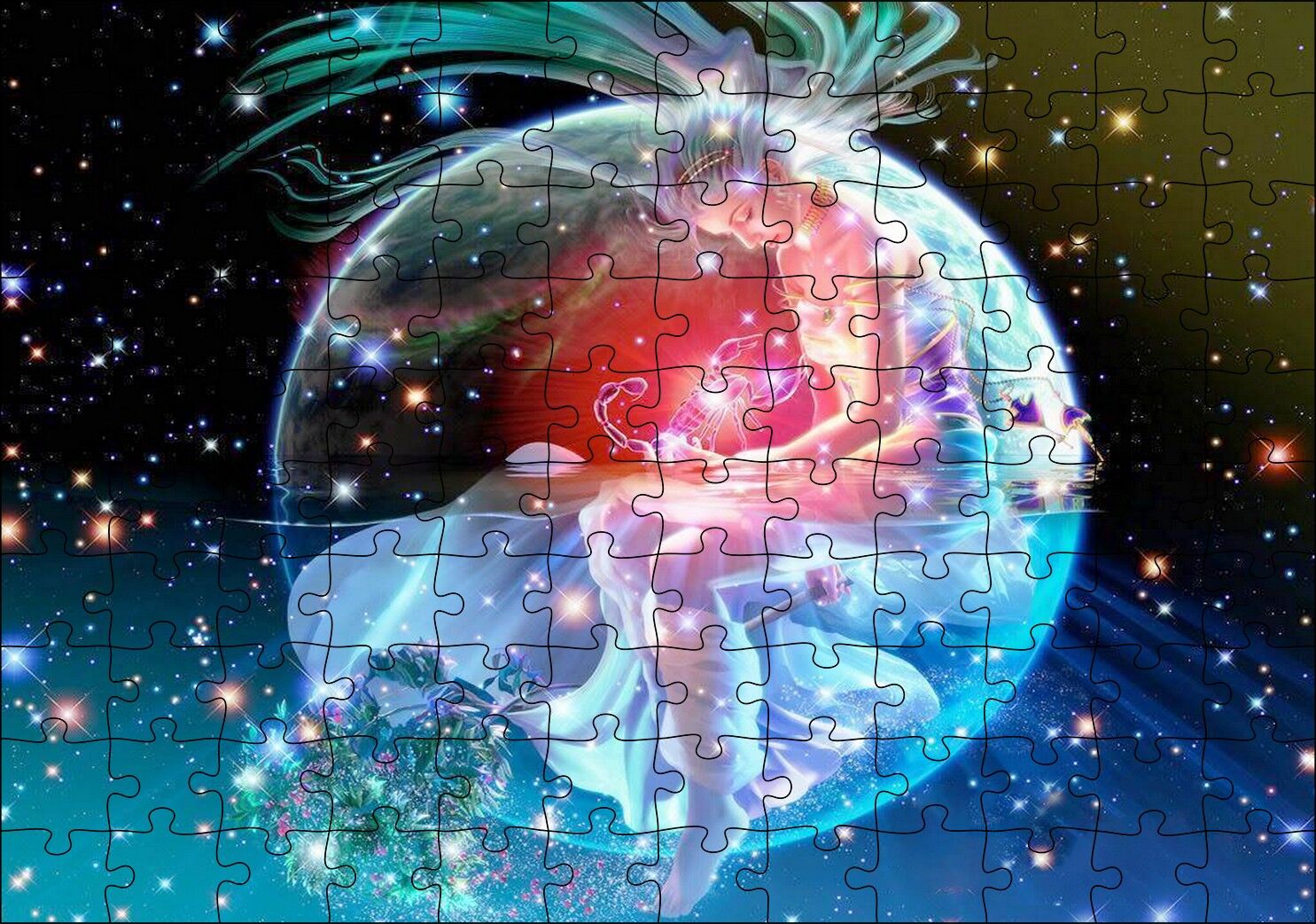 Kuşağında Oturan Kız ve Yıldızlar Puzzle Yapboz MDF Ahşap