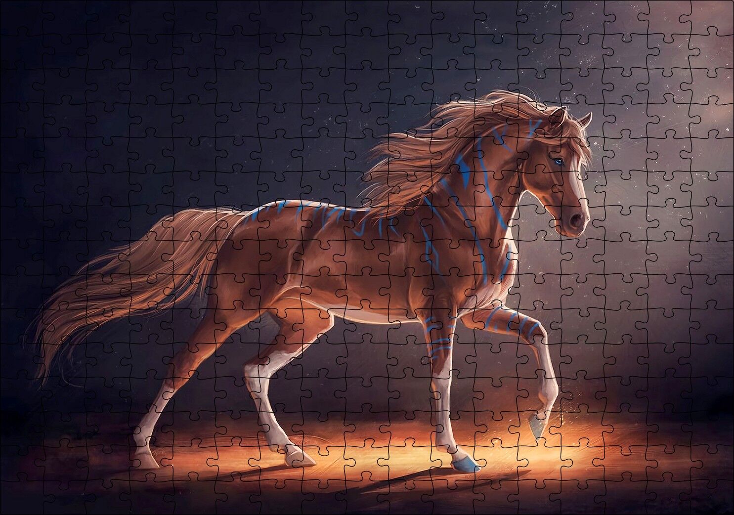 Muhteşem Kahverengi Aygır ve Mavi Desenleri Puzzle Yapboz MDF Ahşap 255 Parça 34 cm X 49 cm