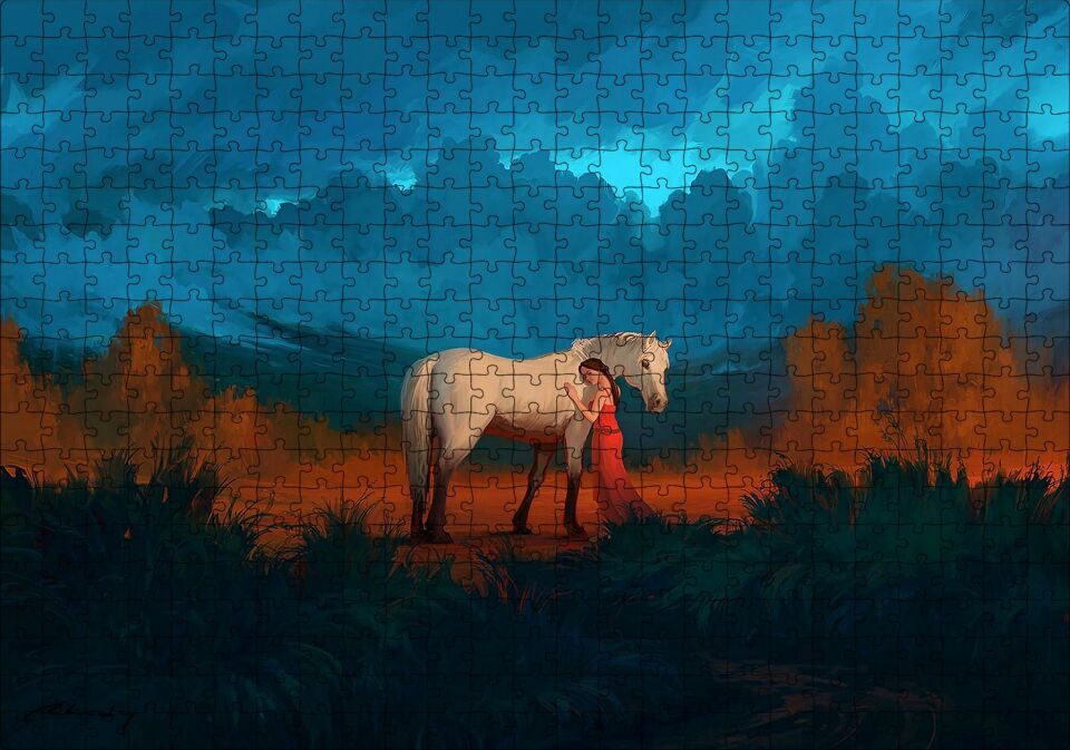 Genç Kız Beyaz At ve Bulutlu Gökler Puzzle Yapboz MDF Ahşap 500 Parça 49 cm X 68 cm