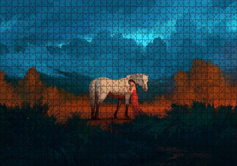 Genç Kız Beyaz At ve Bulutlu Gökler Puzzle Yapboz MDF Ahşap 1000 Parça 49 cm X 68 cm