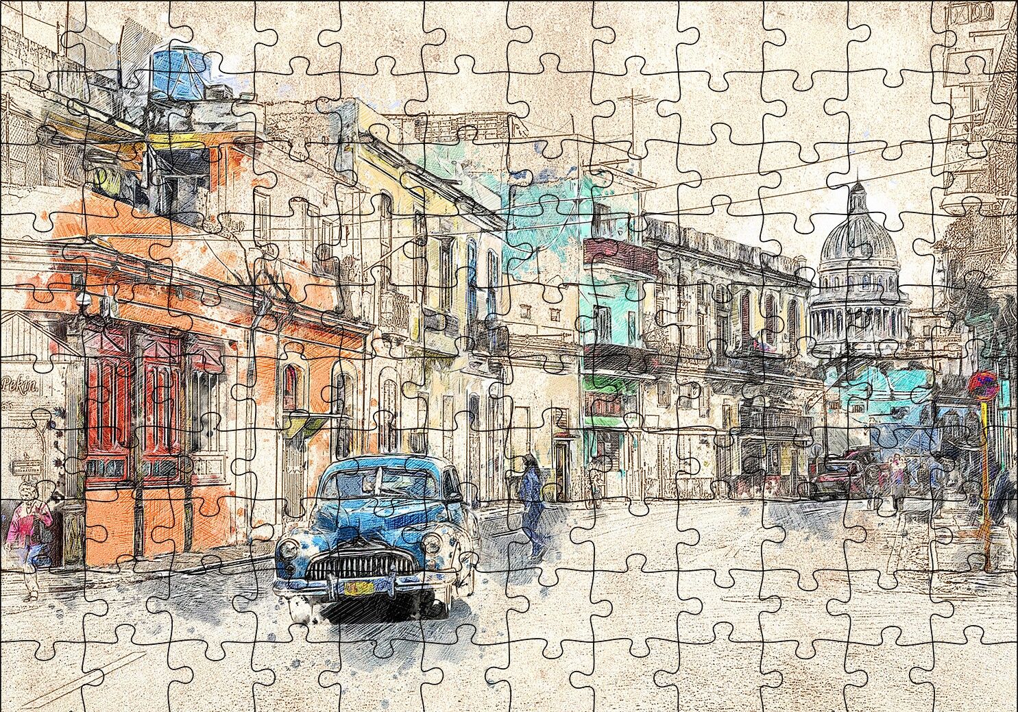 Küba Sokak Manzarası Çizim Puzzle Yapboz MDF Ahşap 120 Parça 24 cm X 34 cm