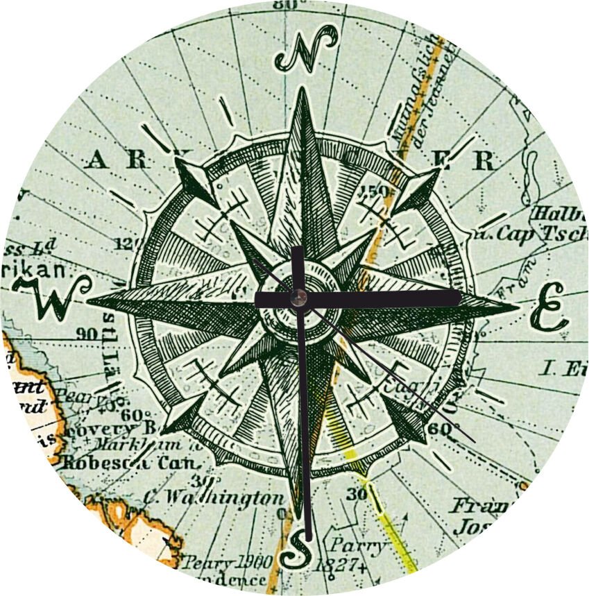 Nostaljik Pusula ve Harita  Mdf Ahşap Duvar Saati