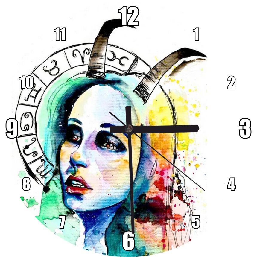 Oğlak Burcu Sulu Boya   Mdf Ahşap Duvar Saati