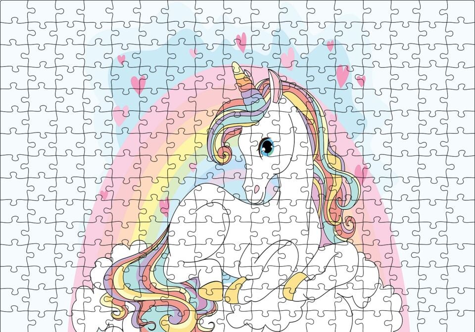 Unicorn Bulutlar ve Kalpler Puzzle Yapboz MDF Ahşap 255 Parça 34 cm X 49 cm