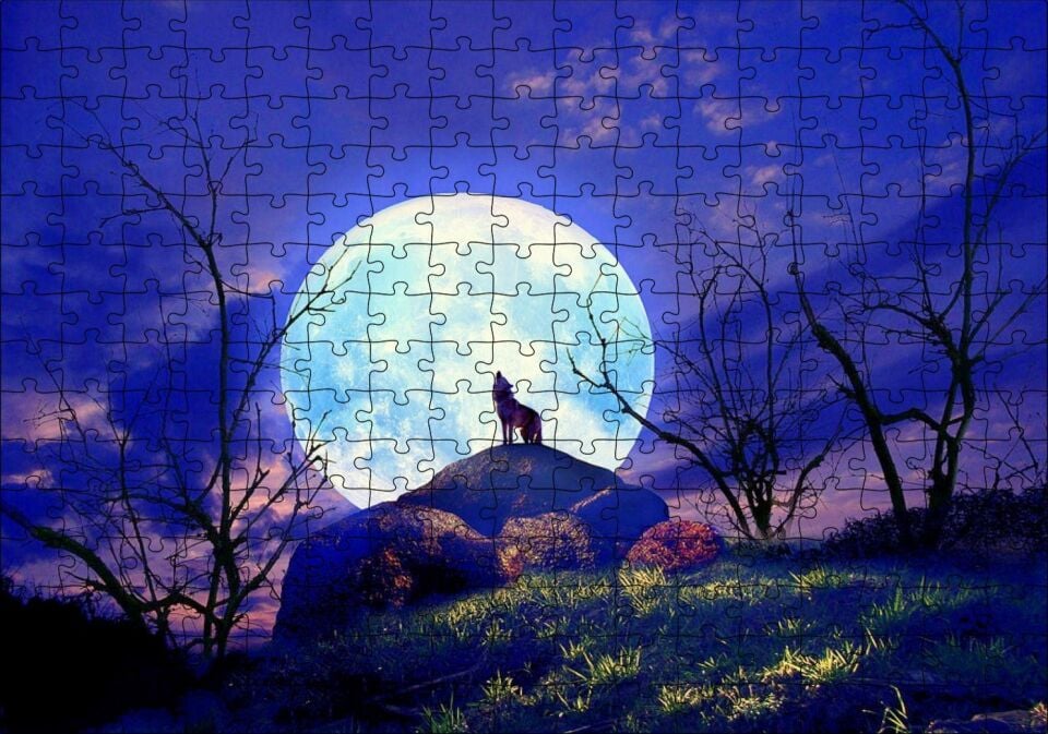 Çıplak Ağaçlar, Uluyan Kurt ve Süper Ay Puzzle Yapboz MDF Ahşap 255 Parça 34 cm X 49 cm
