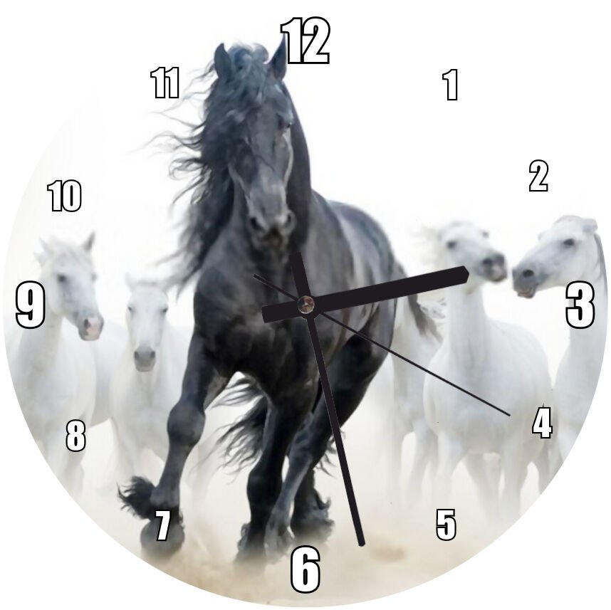 Önde Siyah At ve Arkada Beyaz Atlar  Mdf Ahşap Duvar Saati