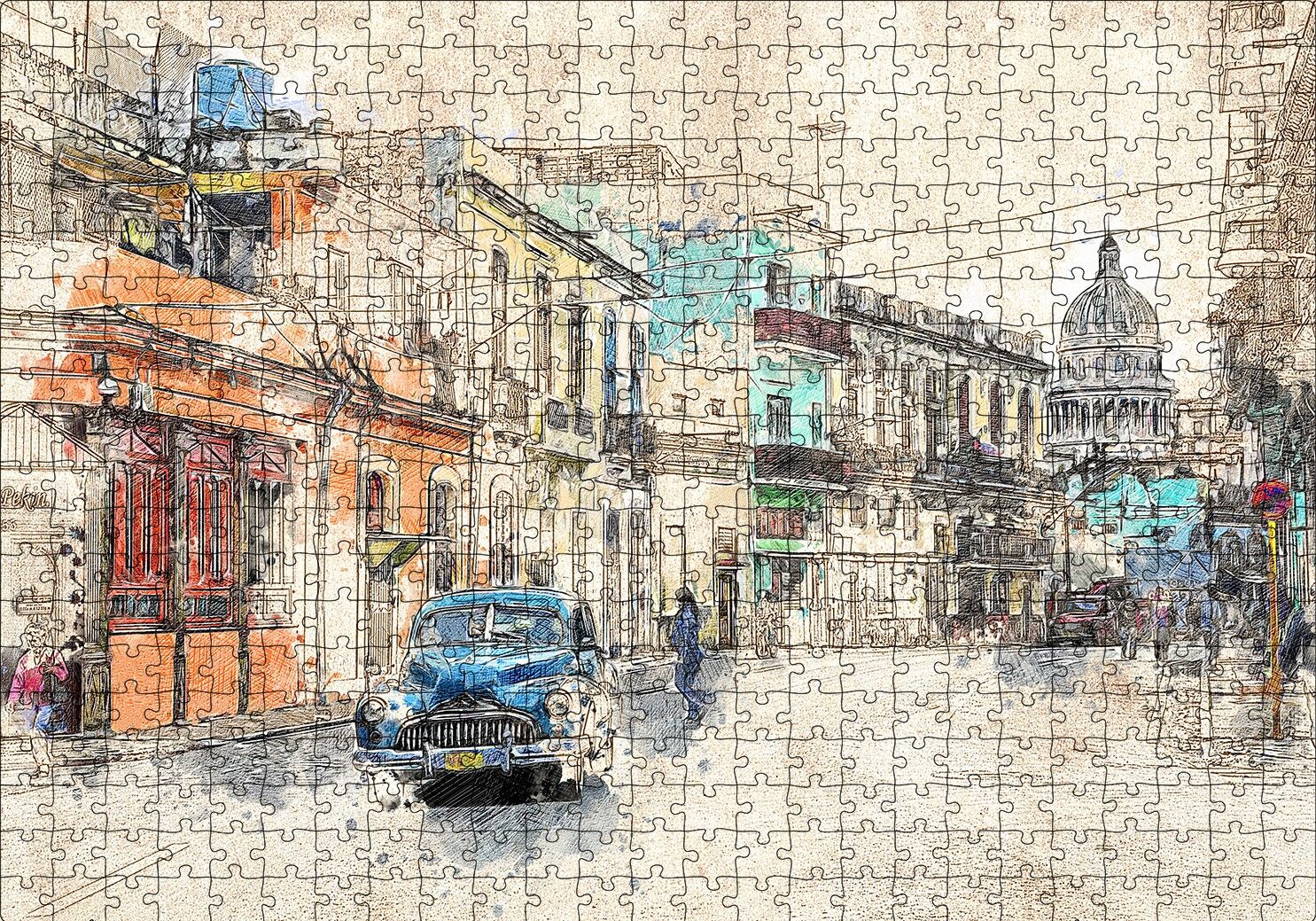 Küba Sokak Manzarası Çizim Puzzle Yapboz MDF Ahşap 500 Parça 49 cm X 68 cm